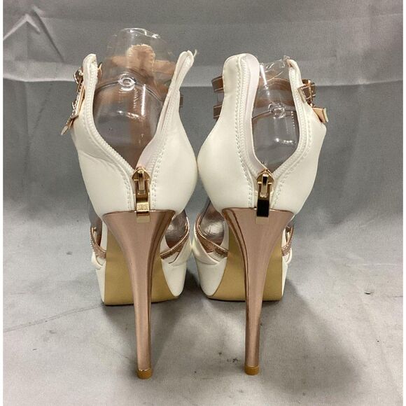 Only Maker White and Gold T-Strap Platform Stiletto Heels Size 5.5 w/ Box - Picture 5 of 8